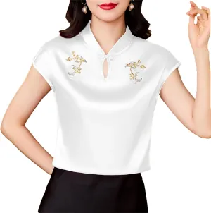 Women's Mandarin Collar Embroidered Vest - Lightweight & Breathable Cap Sleeve Blouse Summer Wedding Guest Outfit