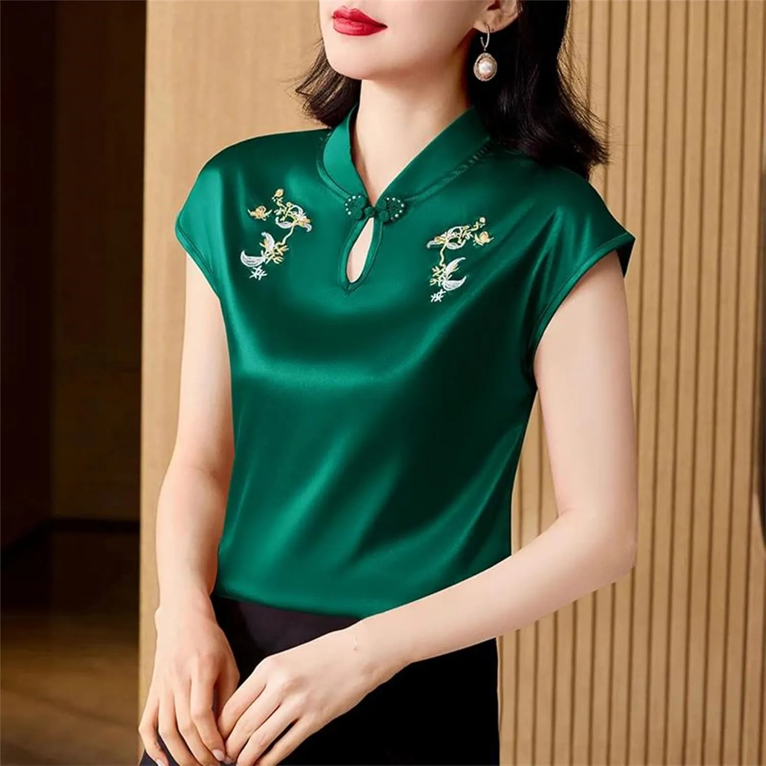 Women's Mandarin Collar Embroidered Vest - Lightweight & Breathable Cap Sleeve Blouse Summer Wedding Guest Outfit