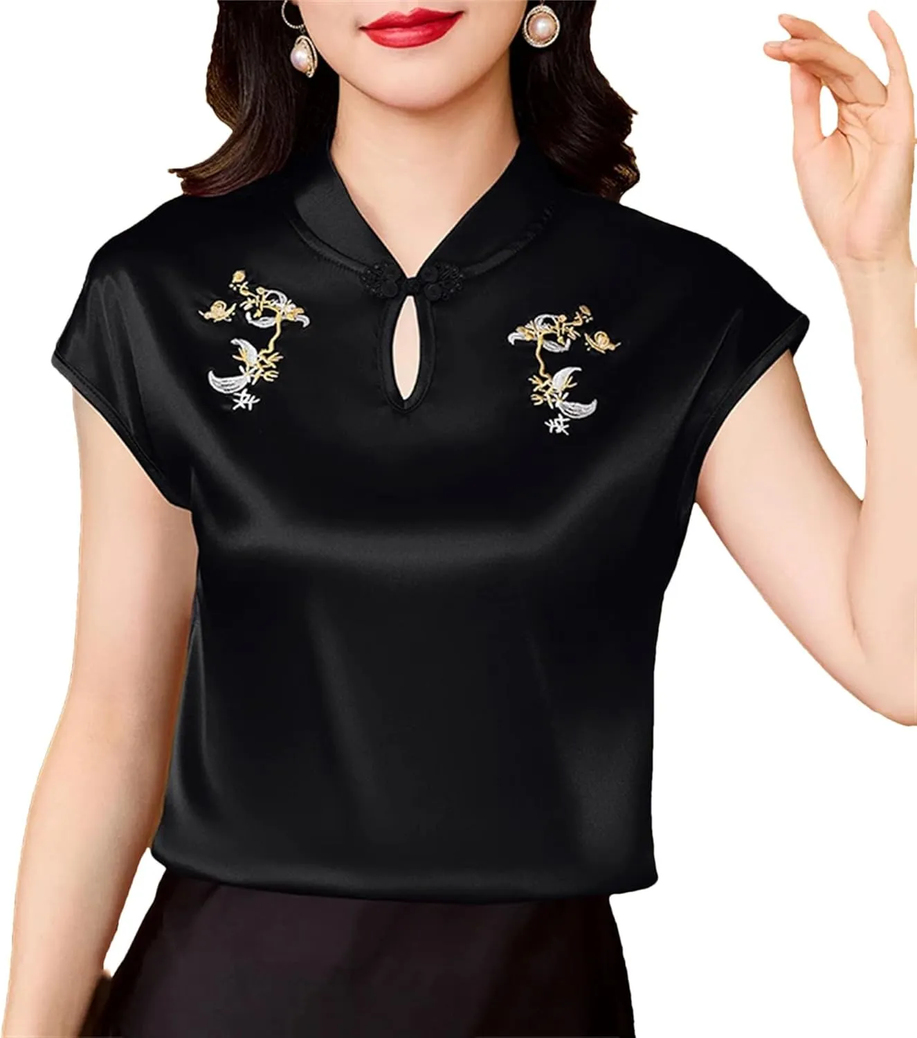 Women's Mandarin Collar Embroidered Vest - Lightweight & Breathable Cap Sleeve Blouse Summer Wedding Guest Outfit