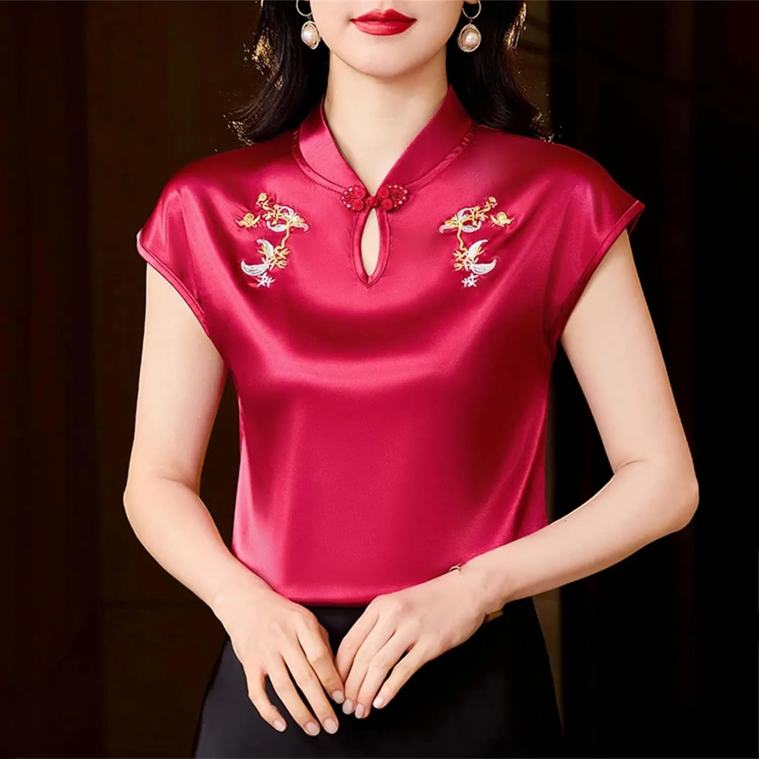 Women's Mandarin Collar Embroidered Vest - Lightweight & Breathable Cap Sleeve Blouse Summer Wedding Guest Outfit