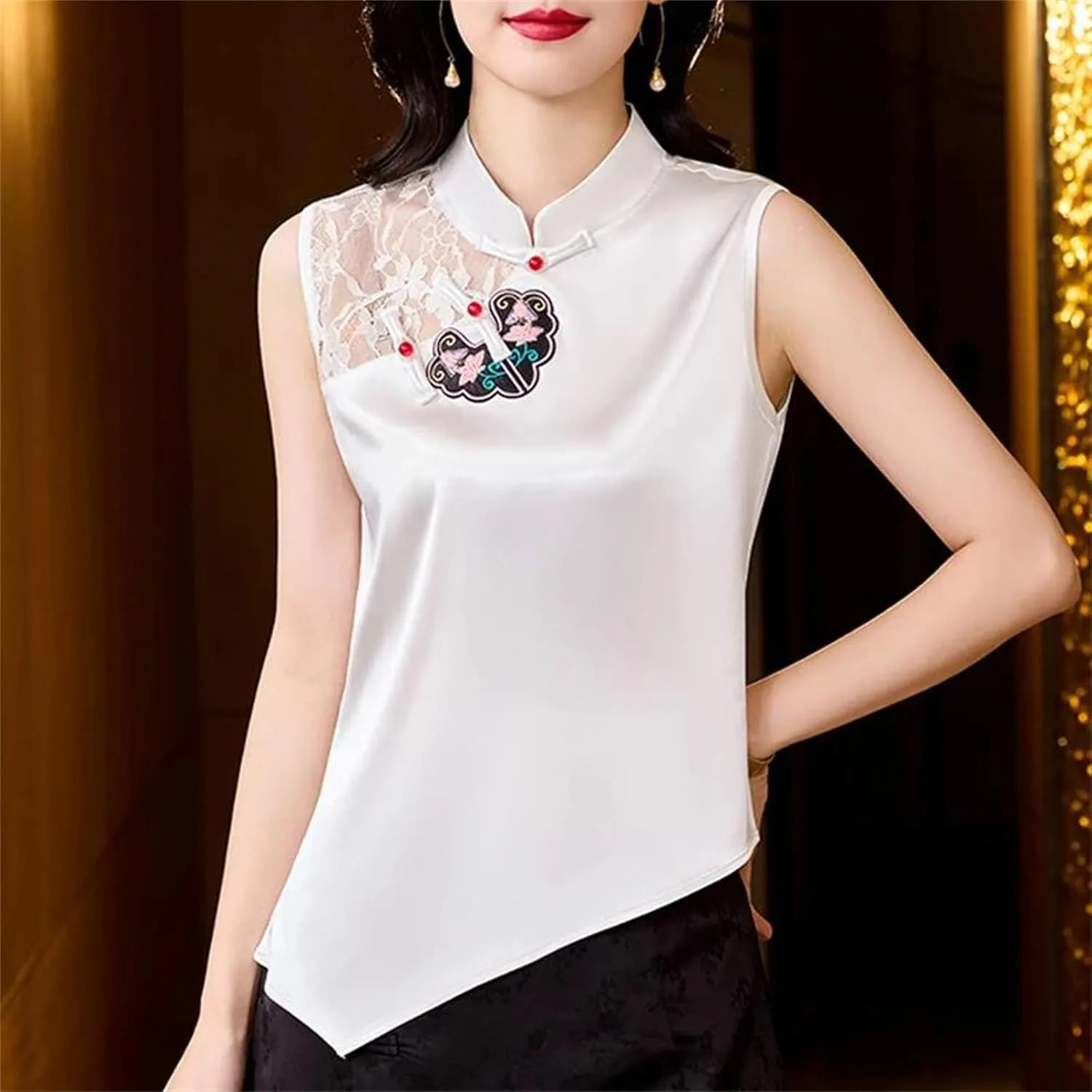 Women's Mandarin Collar Satin Tank Tops Breathable Sleeveless Blouse with Lace Trim & Asymmetric Hem Wedding Guest Top