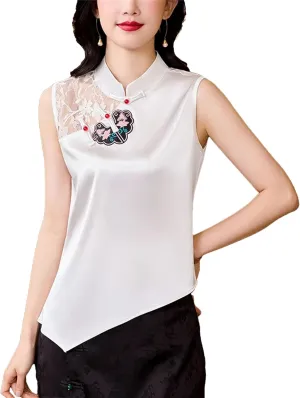 Women's Mandarin Collar Satin Tank Tops Breathable Sleeveless Blouse with Lace Trim & Asymmetric Hem Wedding Guest Top