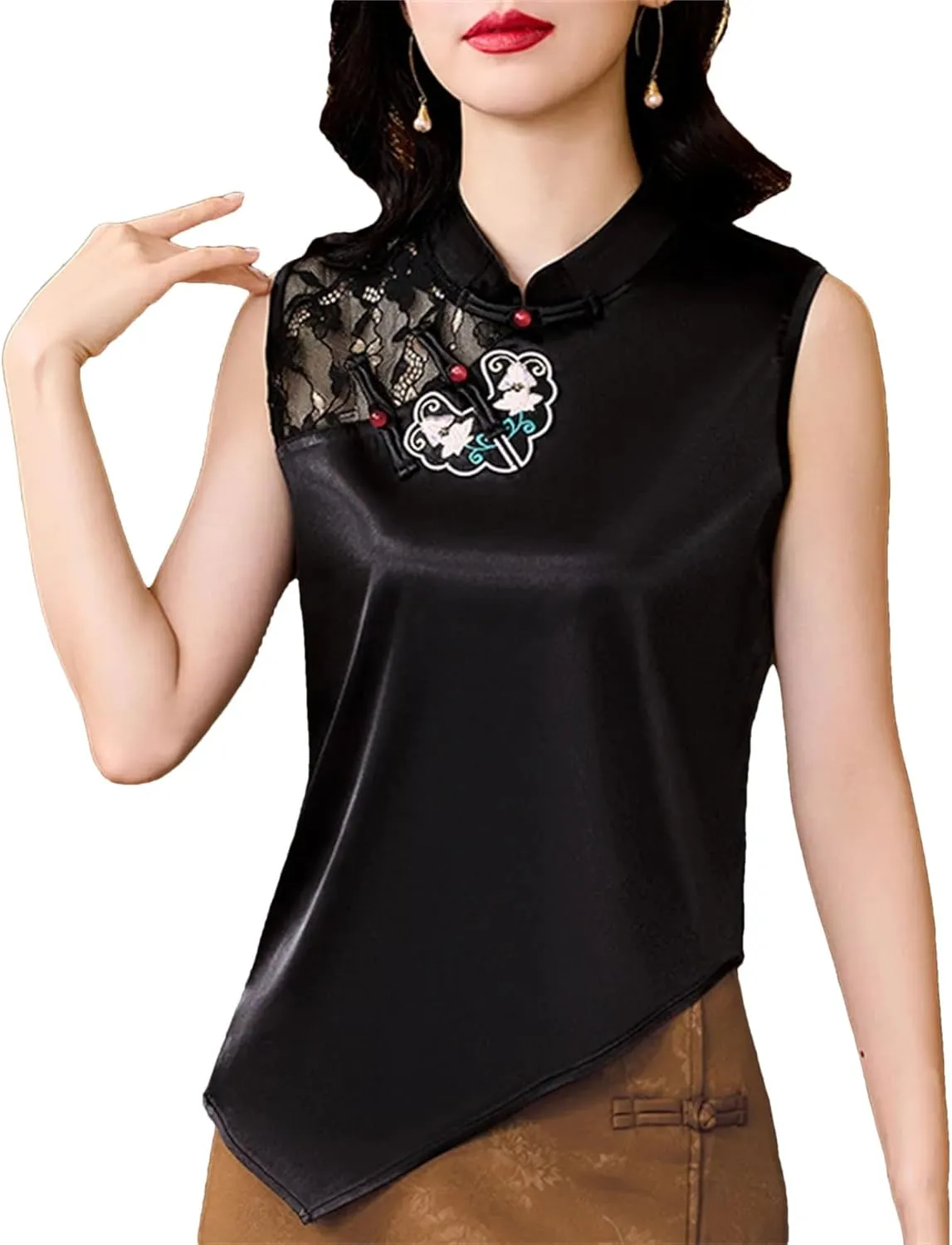 Women's Mandarin Collar Satin Tank Tops Breathable Sleeveless Blouse with Lace Trim & Asymmetric Hem Wedding Guest Top