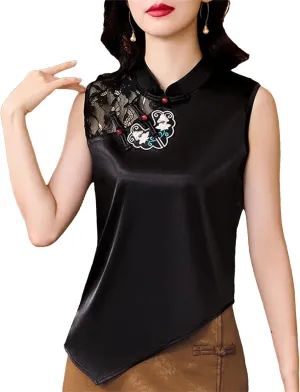 Women's Mandarin Collar Satin Tank Tops Breathable Sleeveless Blouse with Lace Trim & Asymmetric Hem Wedding Guest Top