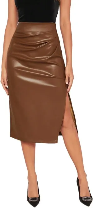 Women's Maxi Skirt Summer Midi High Waist Slit PU Leather Skirt