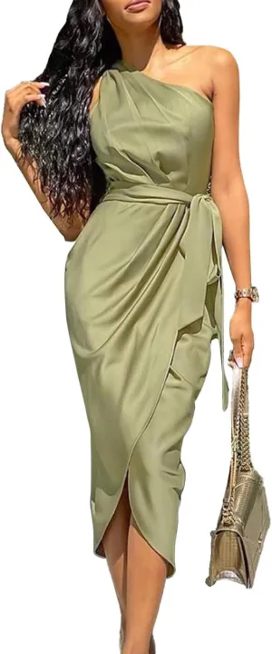 Women's One Shoulder Satin Dress Ruched Bodycon Dress Asymmetrical Split Dress Wrap Belted Tea Party Midi Pencil Dresses