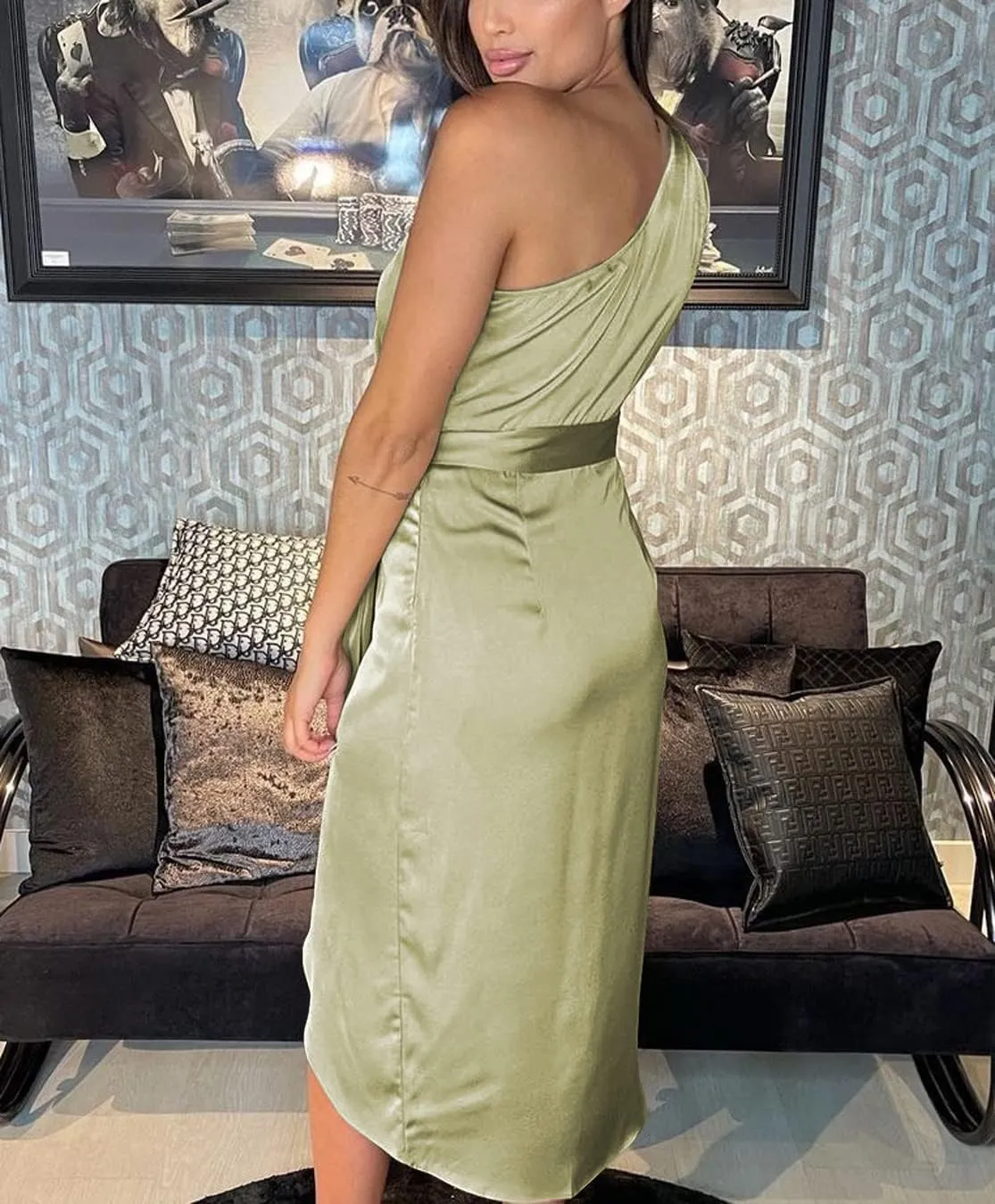 Women's One Shoulder Satin Dress Ruched Bodycon Dress Asymmetrical Split Dress Wrap Belted Tea Party Midi Pencil Dresses