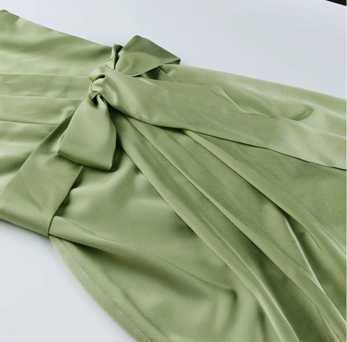 Women's One Shoulder Satin Dress Ruched Bodycon Dress Asymmetrical Split Dress Wrap Belted Tea Party Midi Pencil Dresses