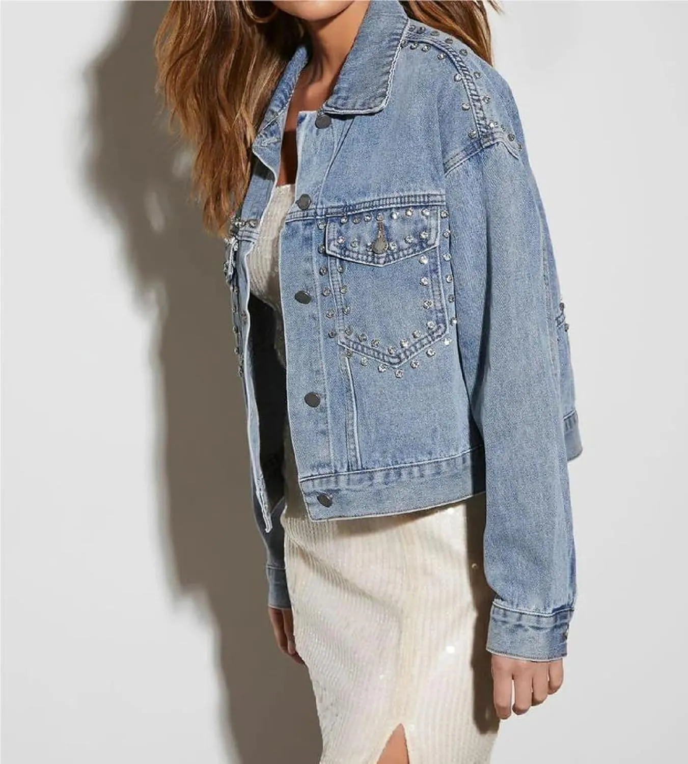 Womens Pearls Beading Denim Jackets Ripped Denim Jacket Embellished Stars Jean Coat Bridal Jacket