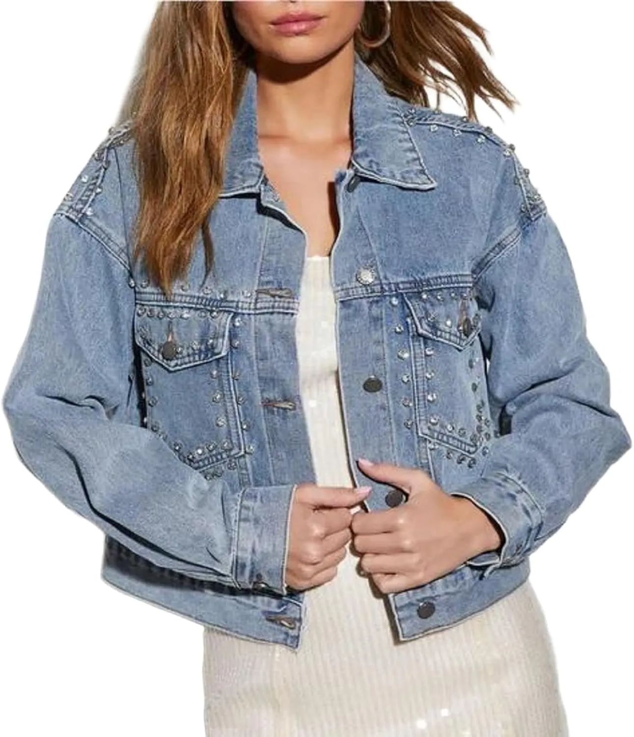 Womens Pearls Beading Denim Jackets Ripped Denim Jacket Embellished Stars Jean Coat Bridal Jacket