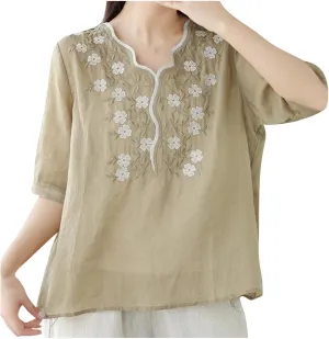 Womens Peasant Tops and Blouses Summer Embroidered Cotton Linen Shirt Casual Bohemian Short Sleeve Tshirts
