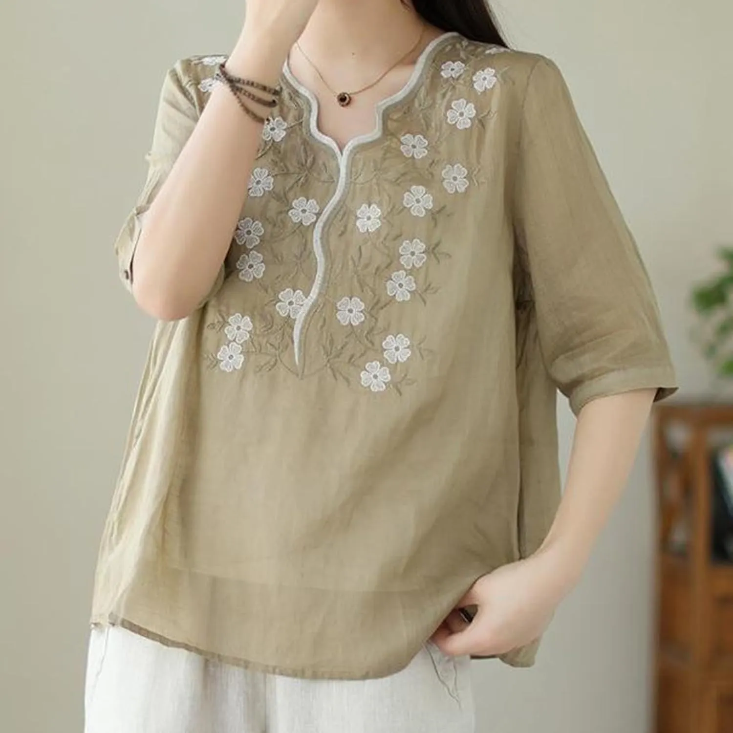 Womens Peasant Tops and Blouses Summer Embroidered Cotton Linen Shirt Casual Bohemian Short Sleeve Tshirts