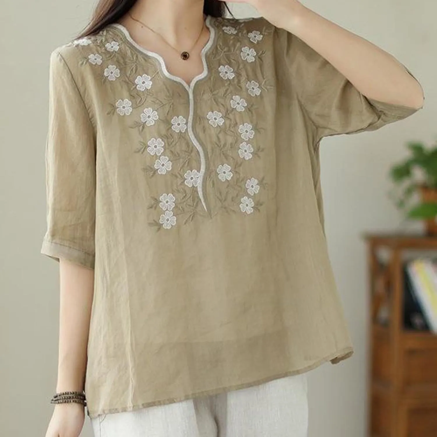 Womens Peasant Tops and Blouses Summer Embroidered Cotton Linen Shirt Casual Bohemian Short Sleeve Tshirts