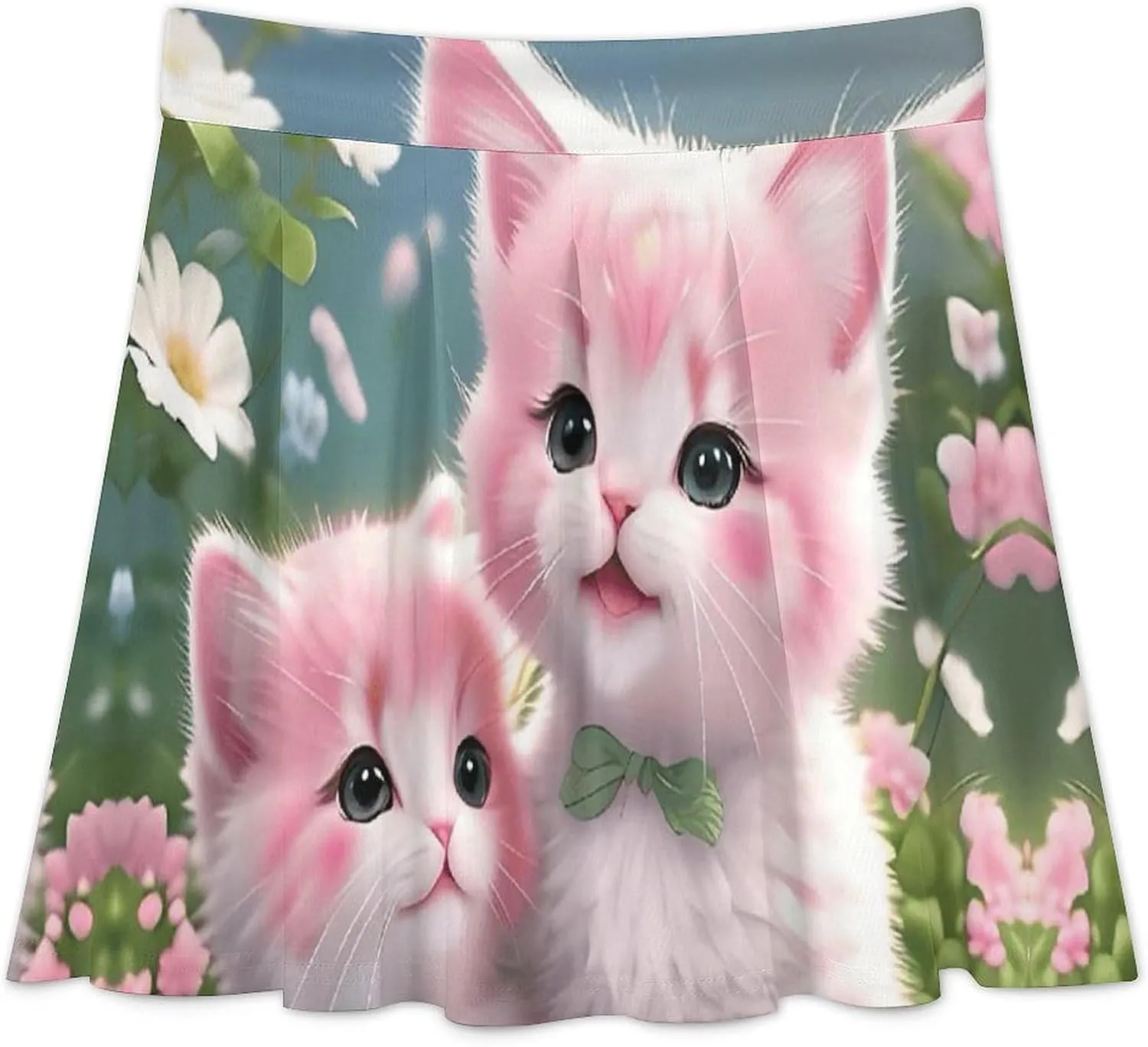 Women's Pink Cats Maiden Kilted Mini Skirts High Waist Funny Invisible Zip Flowy Skirts