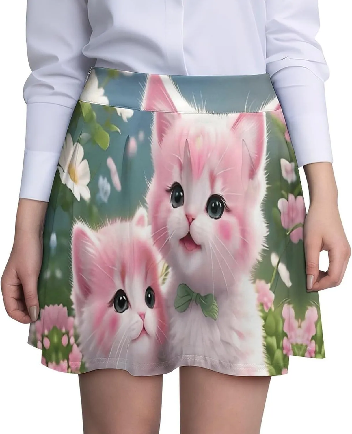 Women's Pink Cats Maiden Kilted Mini Skirts High Waist Funny Invisible Zip Flowy Skirts