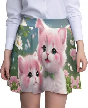 Women's Pink Cats Maiden Kilted Mini Skirts High Waist Funny Invisible Zip Flowy Skirts
