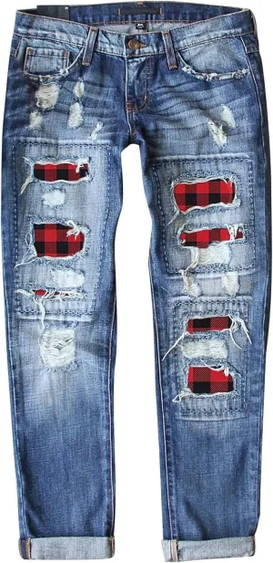Women's Plaid Patchwork Boyfriend Distressed Jeans Light Sweatpant Jeans Wide Leg High Waisted with Pockets