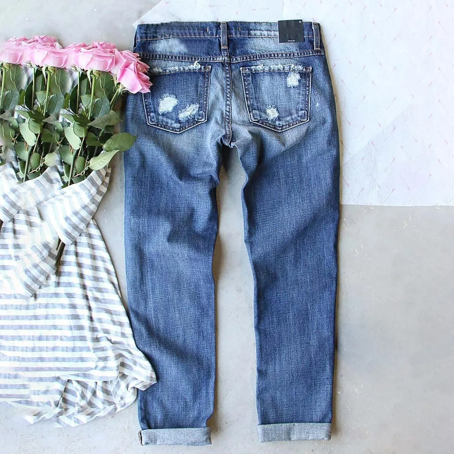 Women's Plaid Patchwork Boyfriend Distressed Jeans Light Sweatpant Jeans Wide Leg High Waisted with Pockets