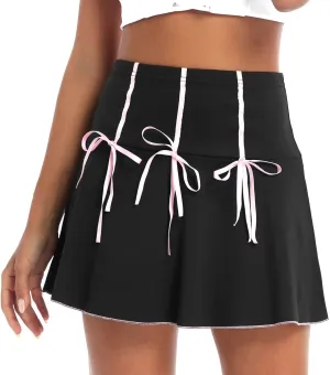 Women's Pleated Mini Skirts High Waist Casual Short Skirts Bowknot Harajuku Goth Skirt