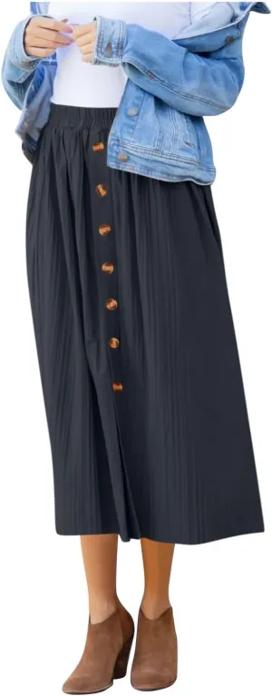 Womens Pleated Skirts Button Front Elastic High Waisted Flowy Long Skirts Lightweight Casual Summer Vacation Clothes