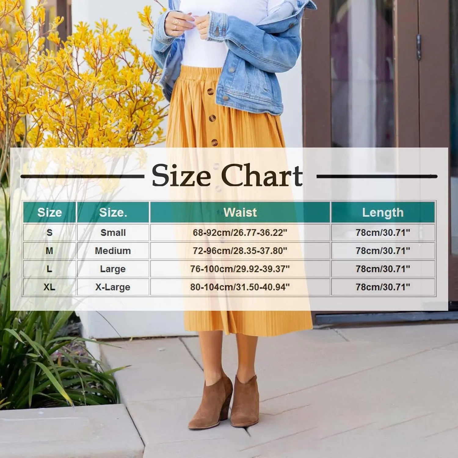 Womens Pleated Skirts Button Front Elastic High Waisted Flowy Long Skirts Lightweight Casual Summer Vacation Clothes