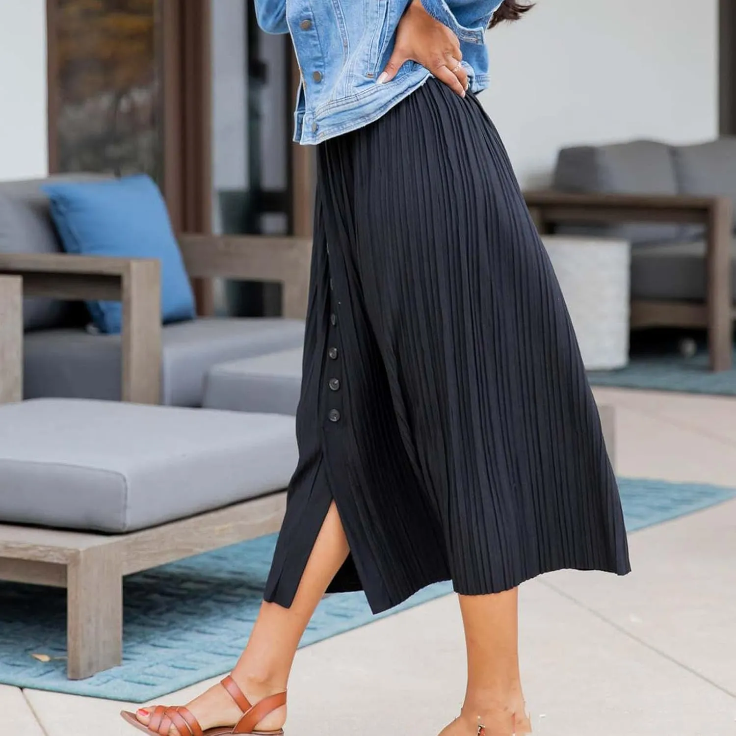 Womens Pleated Skirts Button Front Elastic High Waisted Flowy Long Skirts Lightweight Casual Summer Vacation Clothes