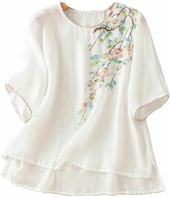 Women's Retro Cotton Linen Blouse Short Sleeve Loose Fit Summer Top