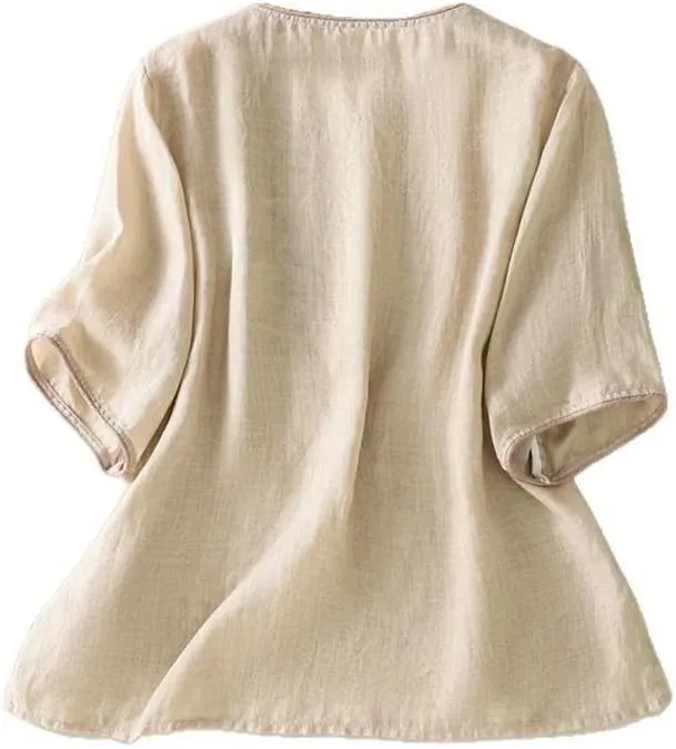 Women's Retro Cotton Linen Blouse Short Sleeve Loose Fit Summer Top