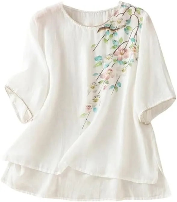 Women's Retro Cotton Linen Blouse Short Sleeve Loose Fit Summer Top