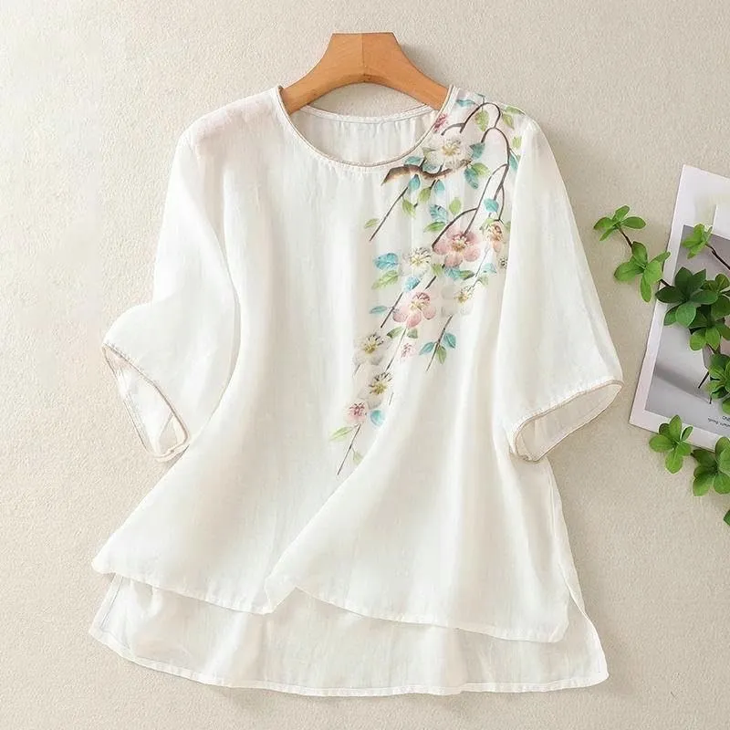 Women's Retro Cotton Linen Blouse Short Sleeve Loose Fit Summer Top