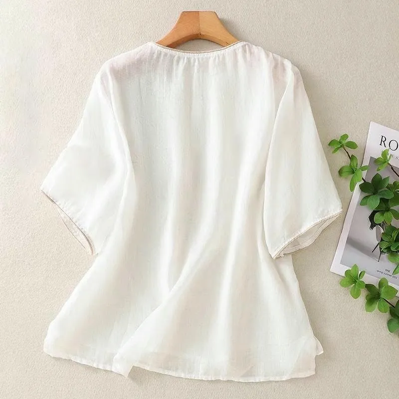 Women's Retro Cotton Linen Blouse Short Sleeve Loose Fit Summer Top