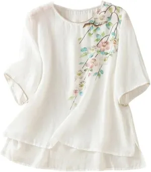 Women's Retro Cotton Linen Blouse Short Sleeve Loose Fit Summer Top