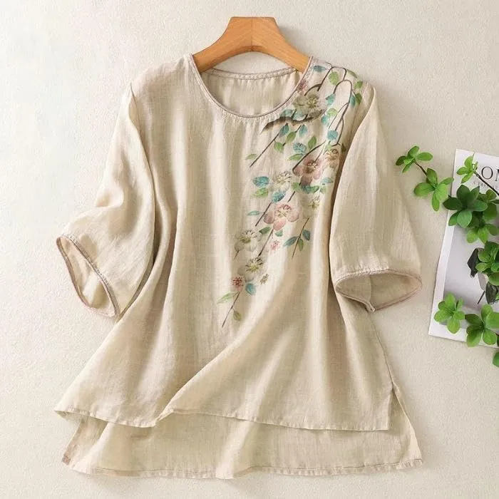 Women's Retro Cotton Linen Blouse Short Sleeve Loose Fit Summer Top