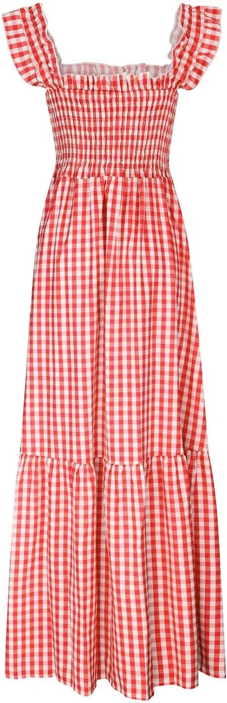 Women's Retro Plaid Smocked Dress Summer Sleeveless Spaghetti Strap Square Neck A-Line Maxi Long Beach Sundress