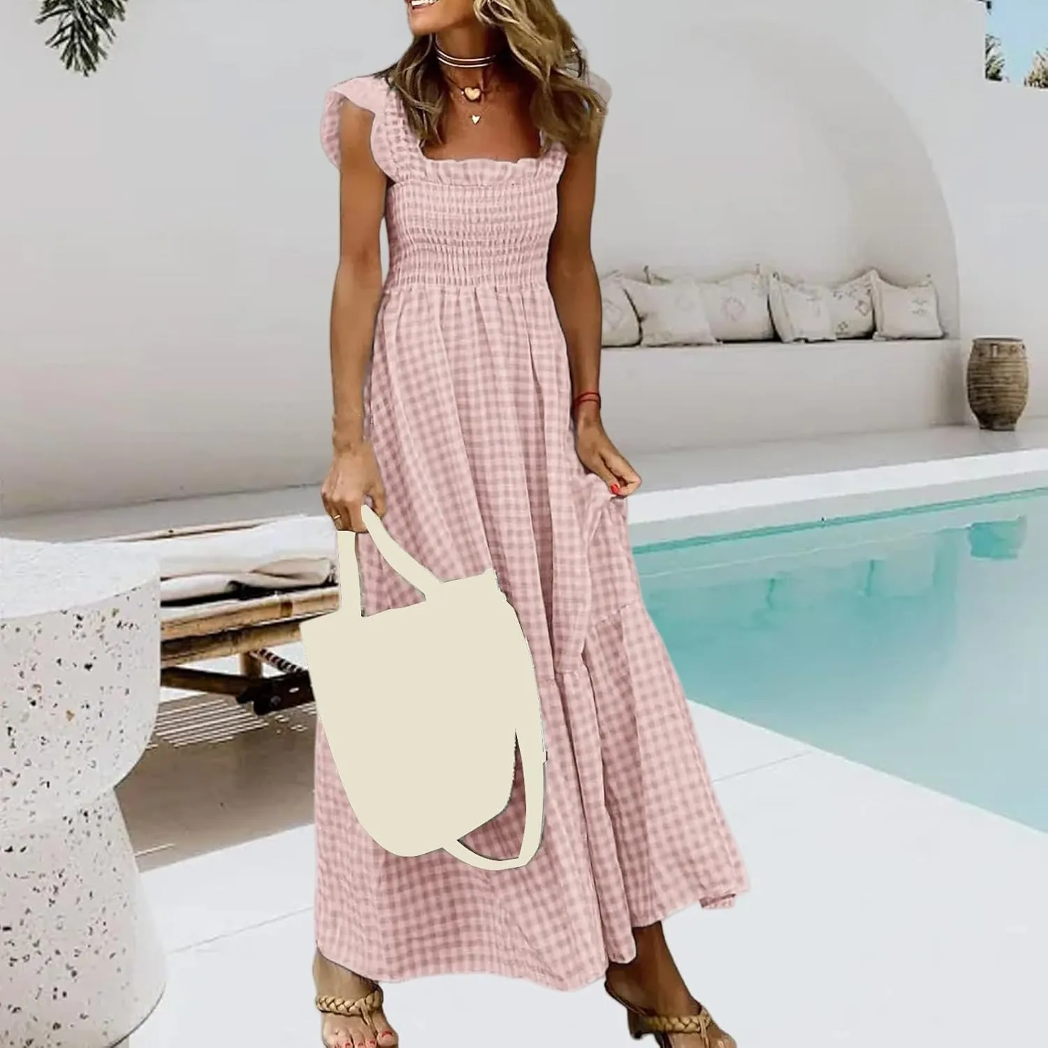 Women's Retro Plaid Smocked Dress Summer Sleeveless Spaghetti Strap Square Neck A-Line Maxi Long Beach Sundress