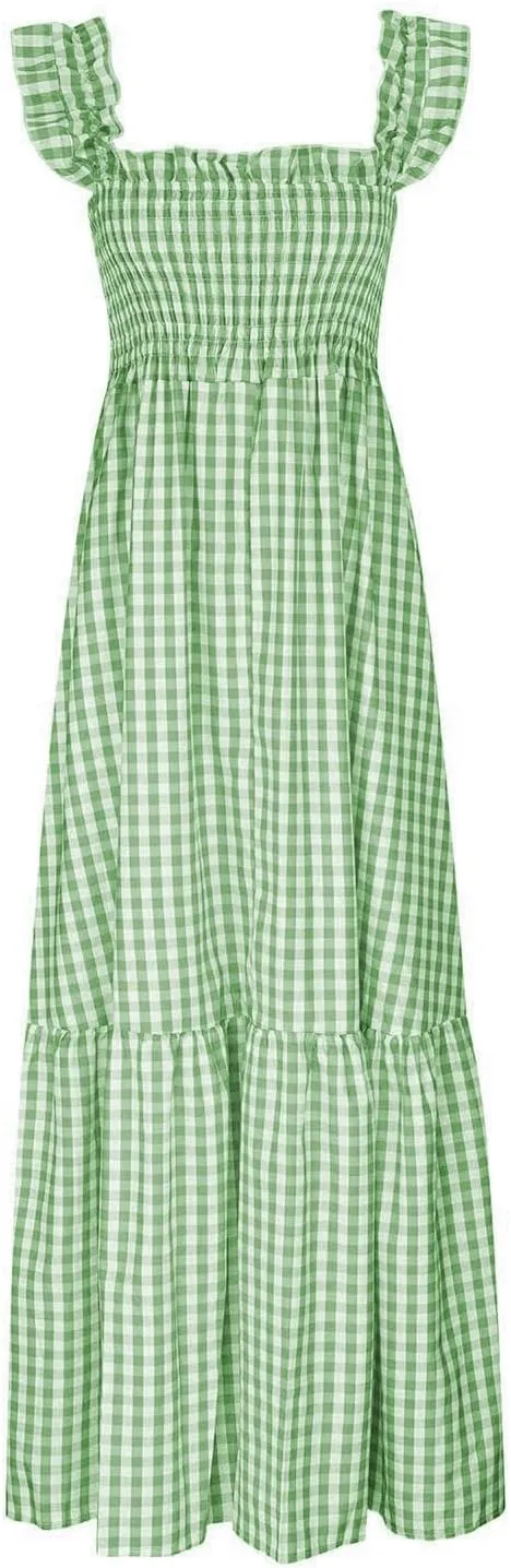 Women's Retro Plaid Smocked Dress Summer Sleeveless Spaghetti Strap Square Neck A-Line Maxi Long Beach Sundress