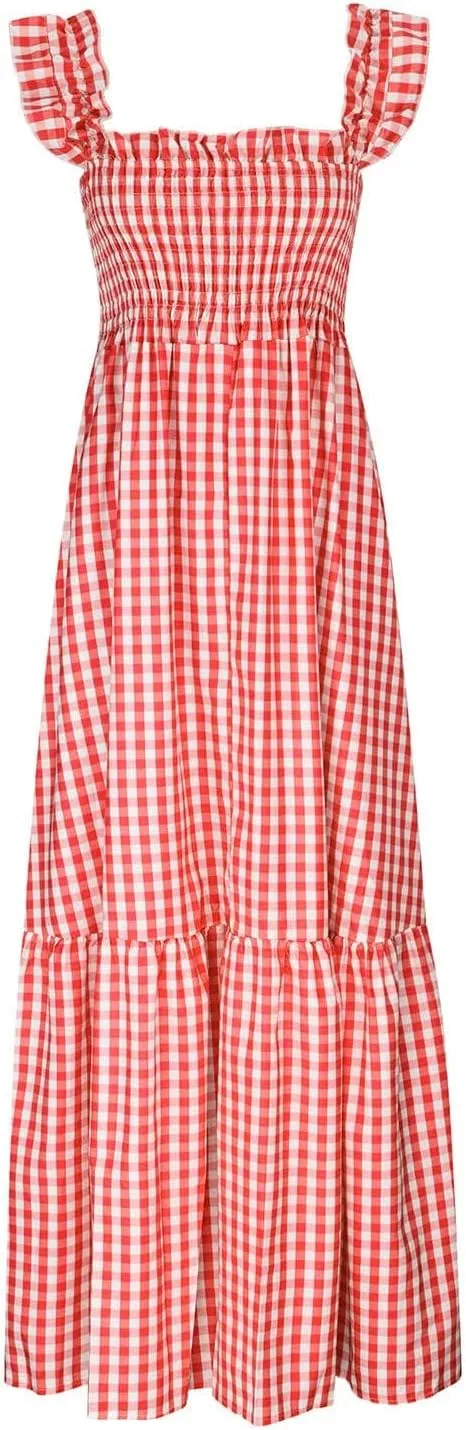 Women's Retro Plaid Smocked Dress Summer Sleeveless Spaghetti Strap Square Neck A-Line Maxi Long Beach Sundress