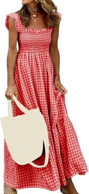 Women's Retro Plaid Smocked Dress Summer Sleeveless Spaghetti Strap Square Neck A-Line Maxi Long Beach Sundress