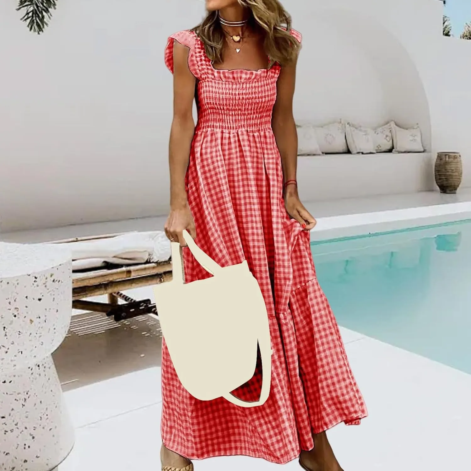 Women's Retro Plaid Smocked Dress Summer Sleeveless Spaghetti Strap Square Neck A-Line Maxi Long Beach Sundress
