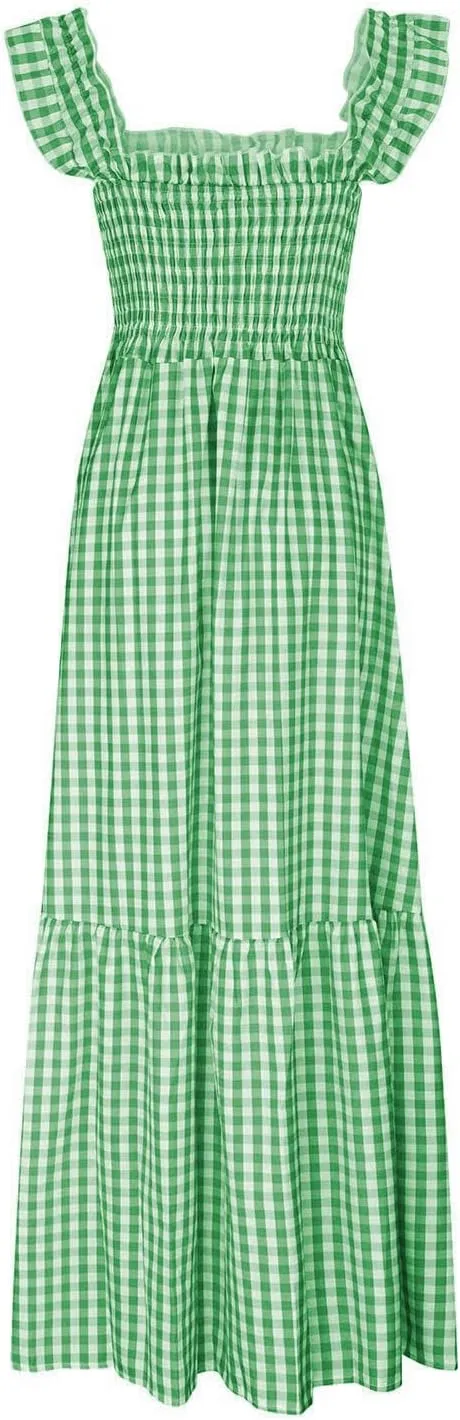 Women's Retro Plaid Smocked Dress Summer Sleeveless Spaghetti Strap Square Neck A-Line Maxi Long Beach Sundress