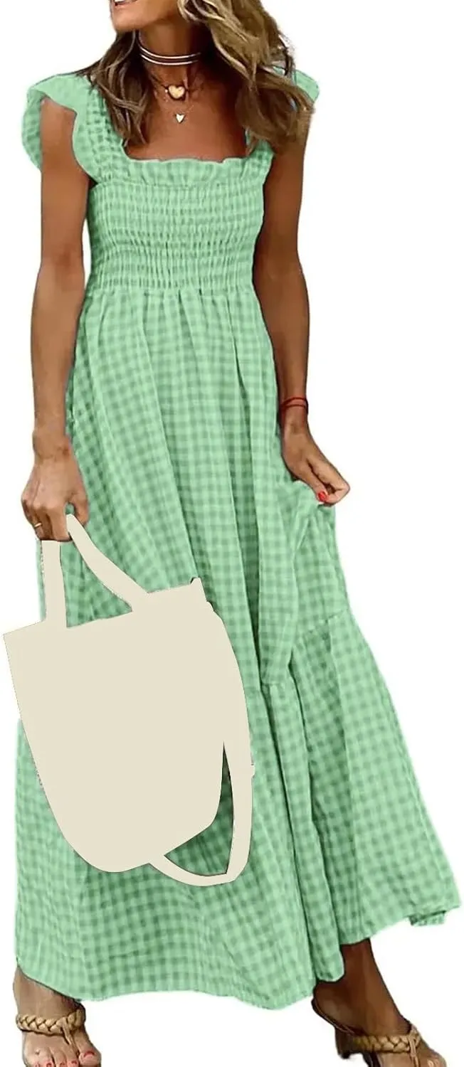 Women's Retro Plaid Smocked Dress Summer Sleeveless Spaghetti Strap Square Neck A-Line Maxi Long Beach Sundress