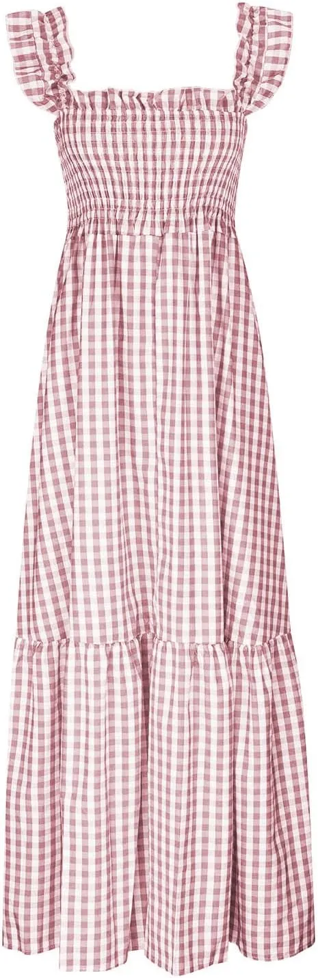 Women's Retro Plaid Smocked Dress Summer Sleeveless Spaghetti Strap Square Neck A-Line Maxi Long Beach Sundress