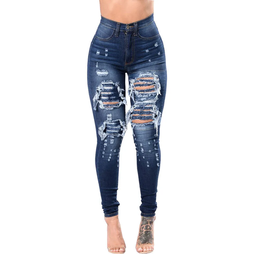 Women's Ripped Denim Washed Pants - GlamzLife