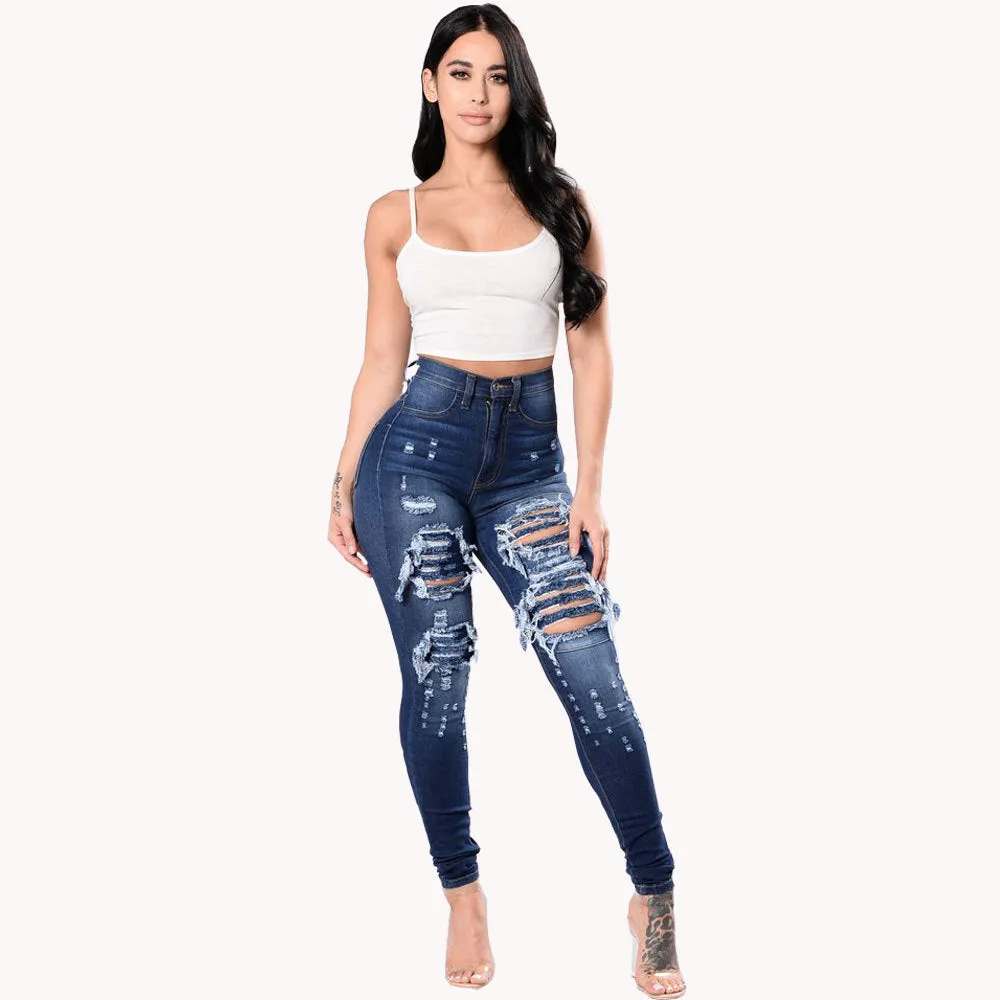 Women's Ripped Denim Washed Pants - GlamzLife