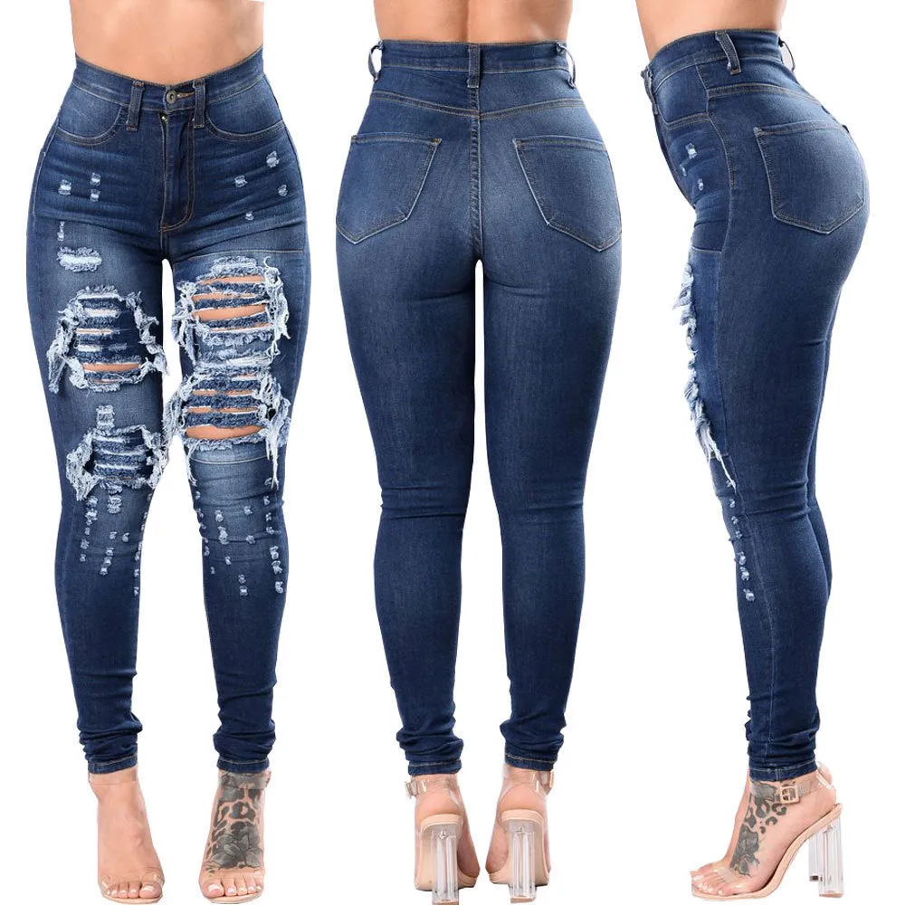 Women's Ripped Denim Washed Pants - GlamzLife