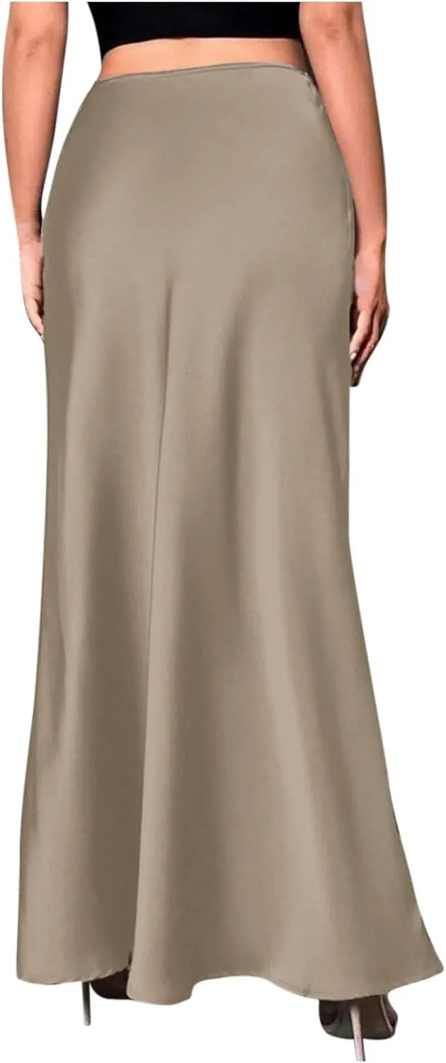 Women's Satin A-Line Midi Skirt High Waisted Zipper Flared Silk Skirts Trendy Elegant Cocktail Party Wedding Skirts