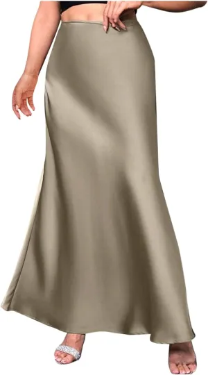 Women's Satin A-Line Midi Skirt High Waisted Zipper Flared Silk Skirts Trendy Elegant Cocktail Party Wedding Skirts