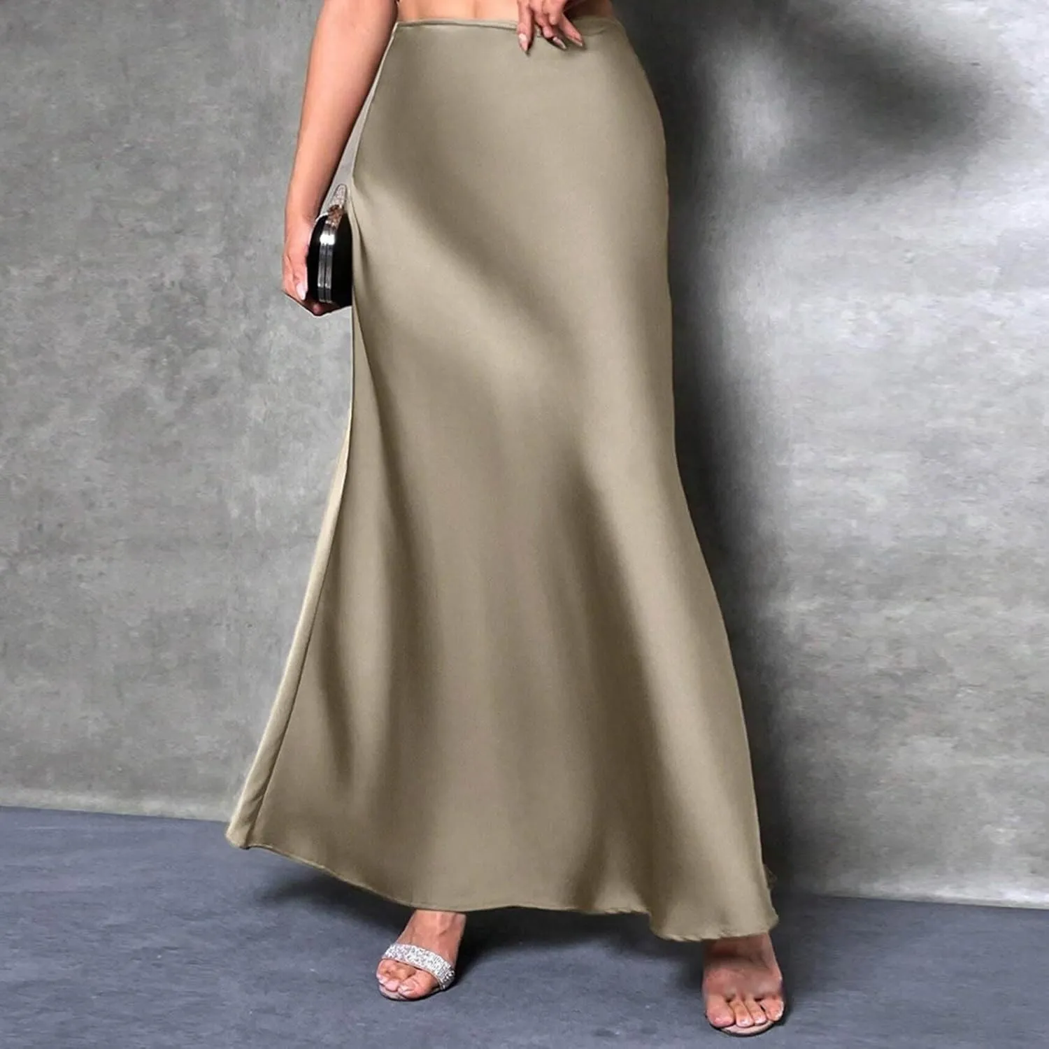 Women's Satin A-Line Midi Skirt High Waisted Zipper Flared Silk Skirts Trendy Elegant Cocktail Party Wedding Skirts