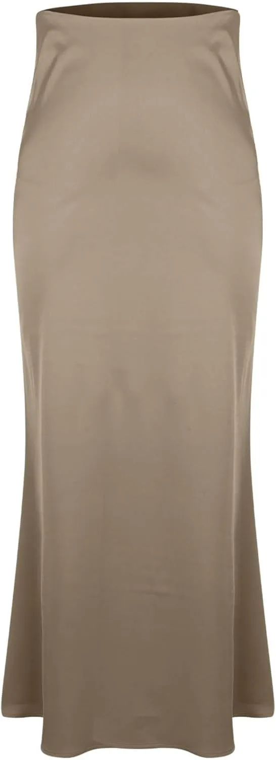 Women's Satin A-Line Midi Skirt High Waisted Zipper Flared Silk Skirts Trendy Elegant Cocktail Party Wedding Skirts