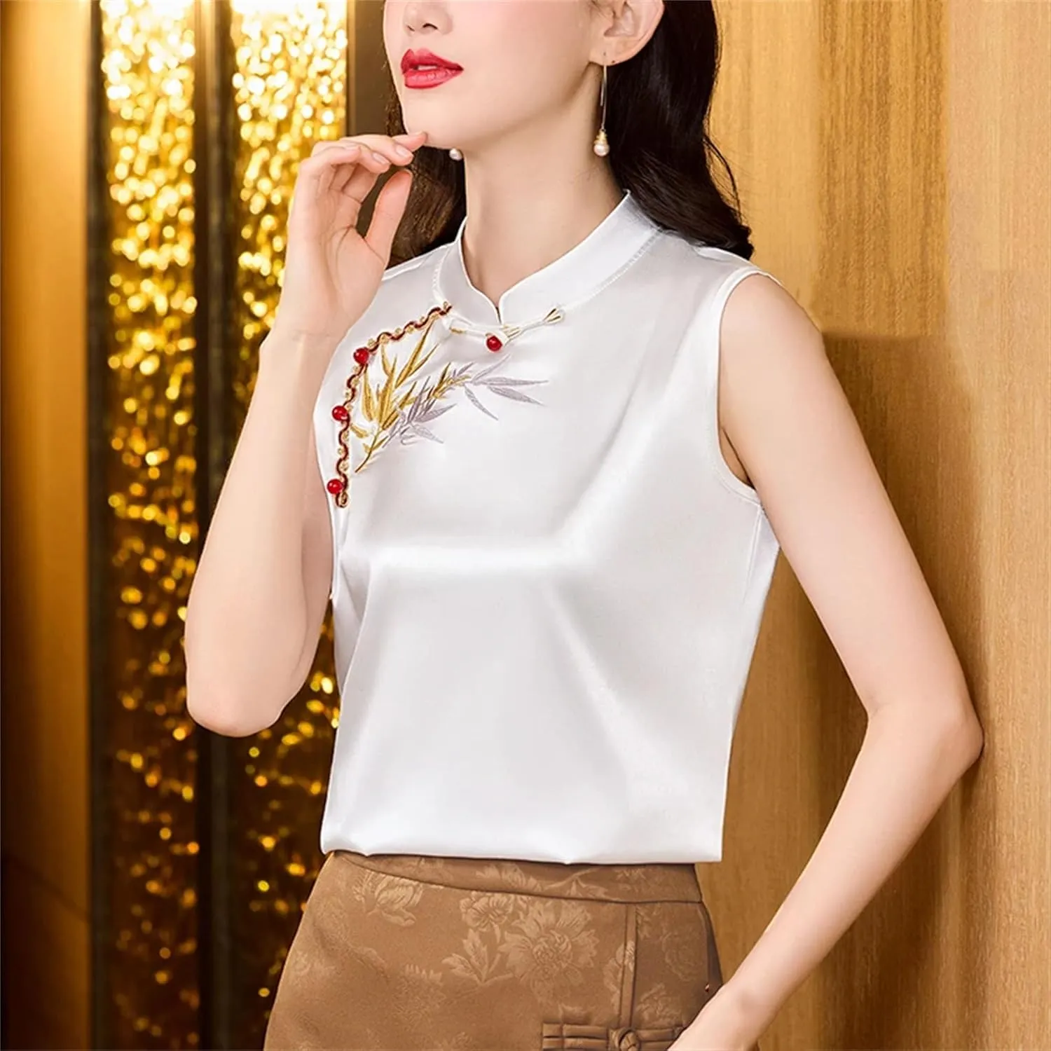 Women's Satin Blouse Sleeveless Mandarin Collar Button-Down Embroidered Shirt Formal Evening Party Outfit for Wedding Guest